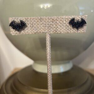 NEW Black Glitter Bat Stud Earrings Spooky Halloween Acrylic Jewelry Nickel Free
